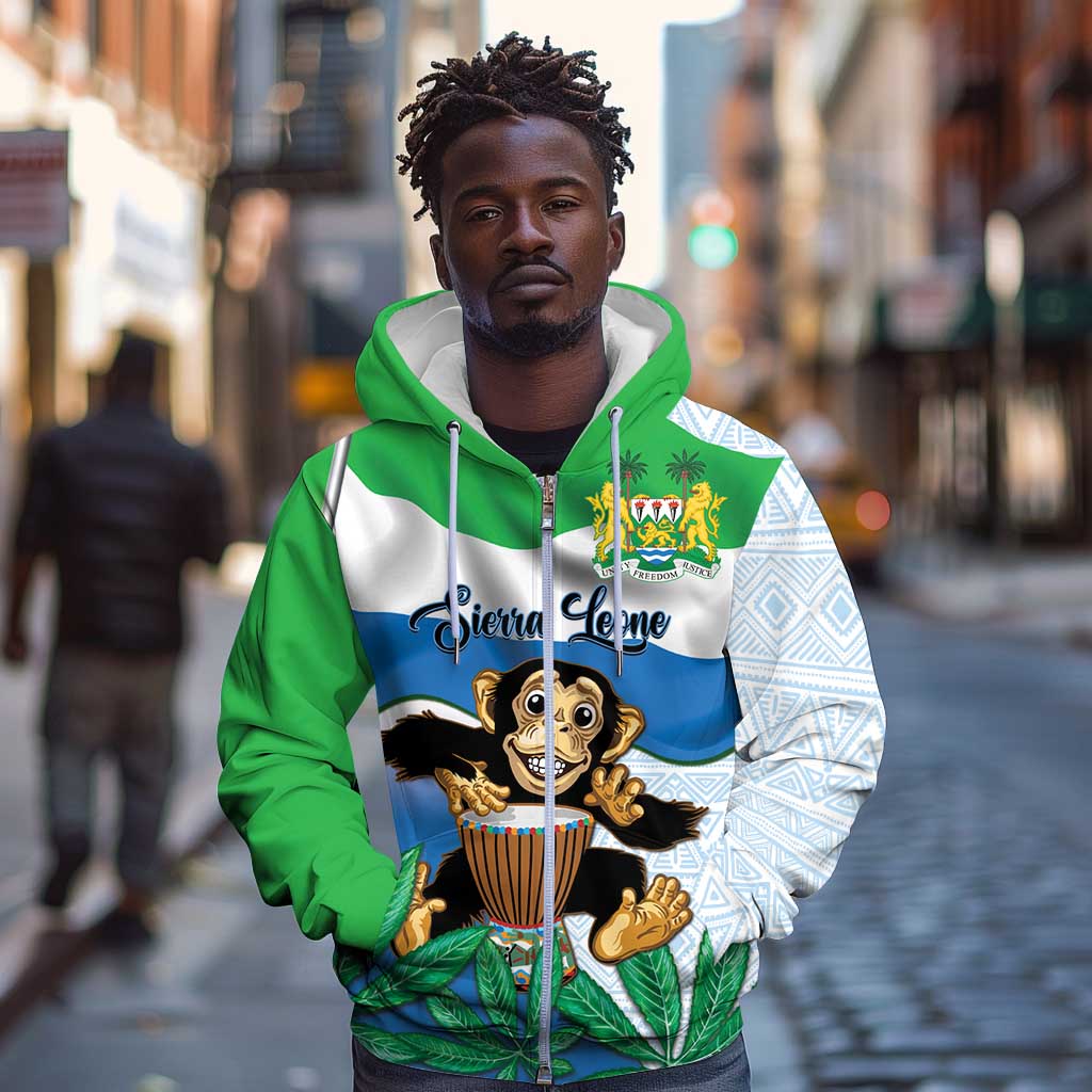 Personalised Afro Sierra Leone Zip Hoodie Chimp With Drum - Happy Independence Day