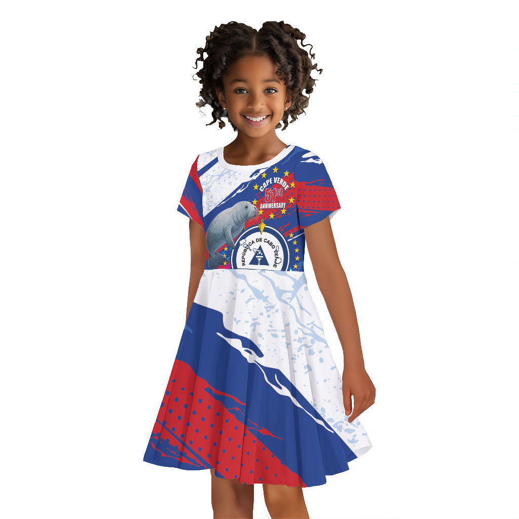 Personalized Cape Verde Independence Day Kid Short Sleeve Dress 51st Anniversary Manatee Coat Of Arms