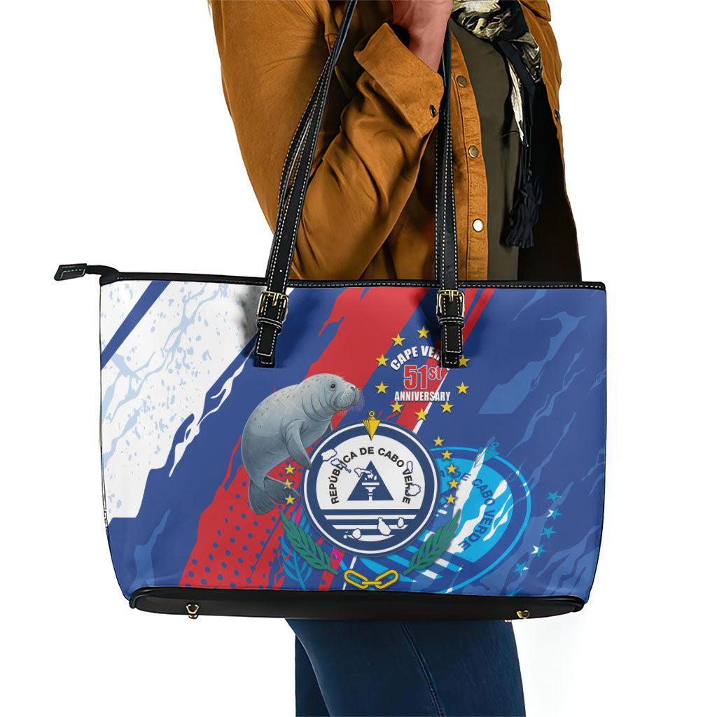 Cape Verde Independence Day Leather Tote Bag 51st Anniversary Manatee Coat Of Arms