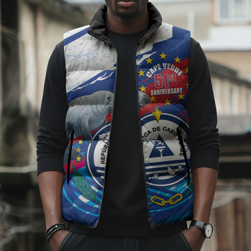 Personalized Cape Verde Independence Day Sleeveless Puffer Jacket 51st Anniversary Manatee Coat Of Arms
