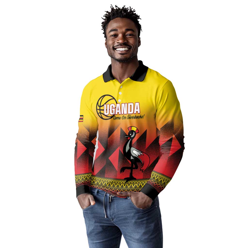 Afro Basketball Custom Uganda Long Sleeve Polo Shirt Come On Silverbacks African Pattern - African Pride