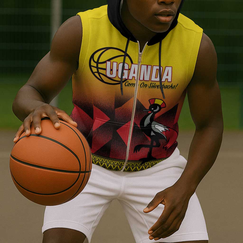 Afro Basketball Custom Uganda Sleeveless Zip Hoodie Come On Silverbacks African Pattern - African Pride