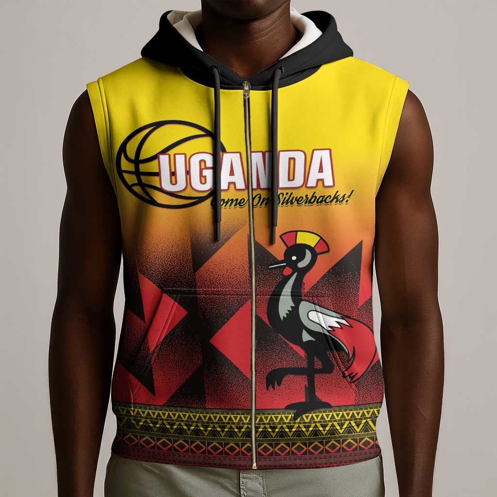 Afro Basketball Custom Uganda Sleeveless Zip Hoodie Come On Silverbacks African Pattern - African Pride