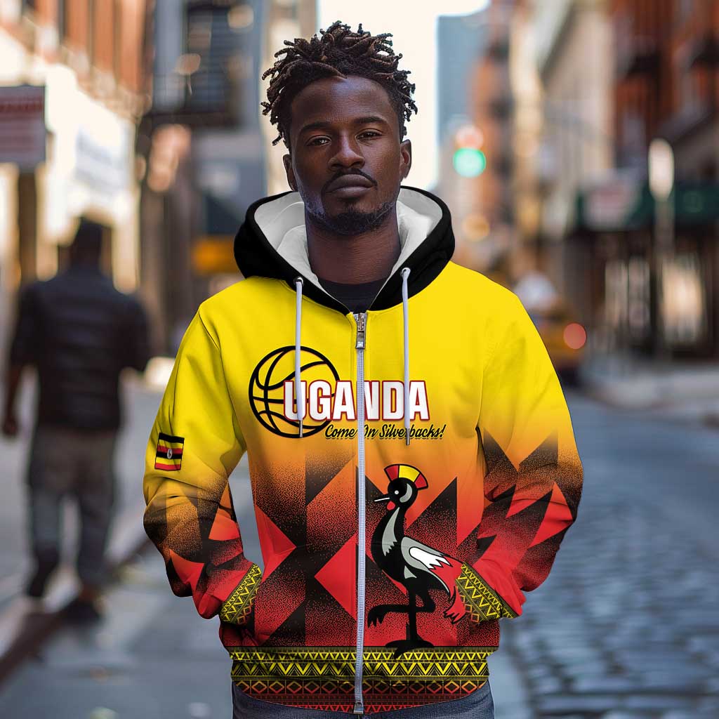 Afro Basketball Custom Uganda Zip Hoodie Come On Silverbacks African Pattern - African Pride
