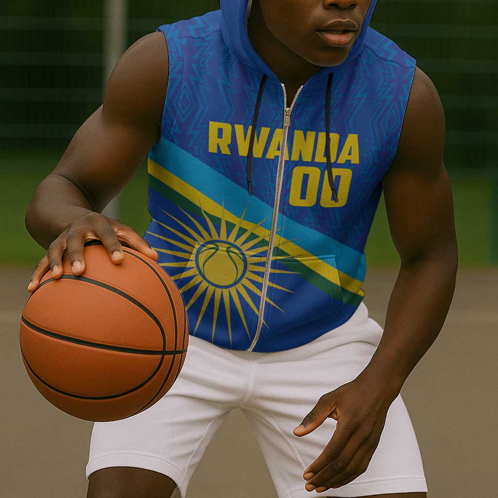 Afro Basketball Custom Rwanda Sleeveless Zip Hoodie Go Champions Imigongo Folk Pattern - African Pride