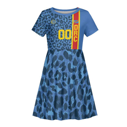 Afro Basketball Custom DR Congo Kid Short Sleeve Dress Come On Leopards Skin Pattern - African Pride