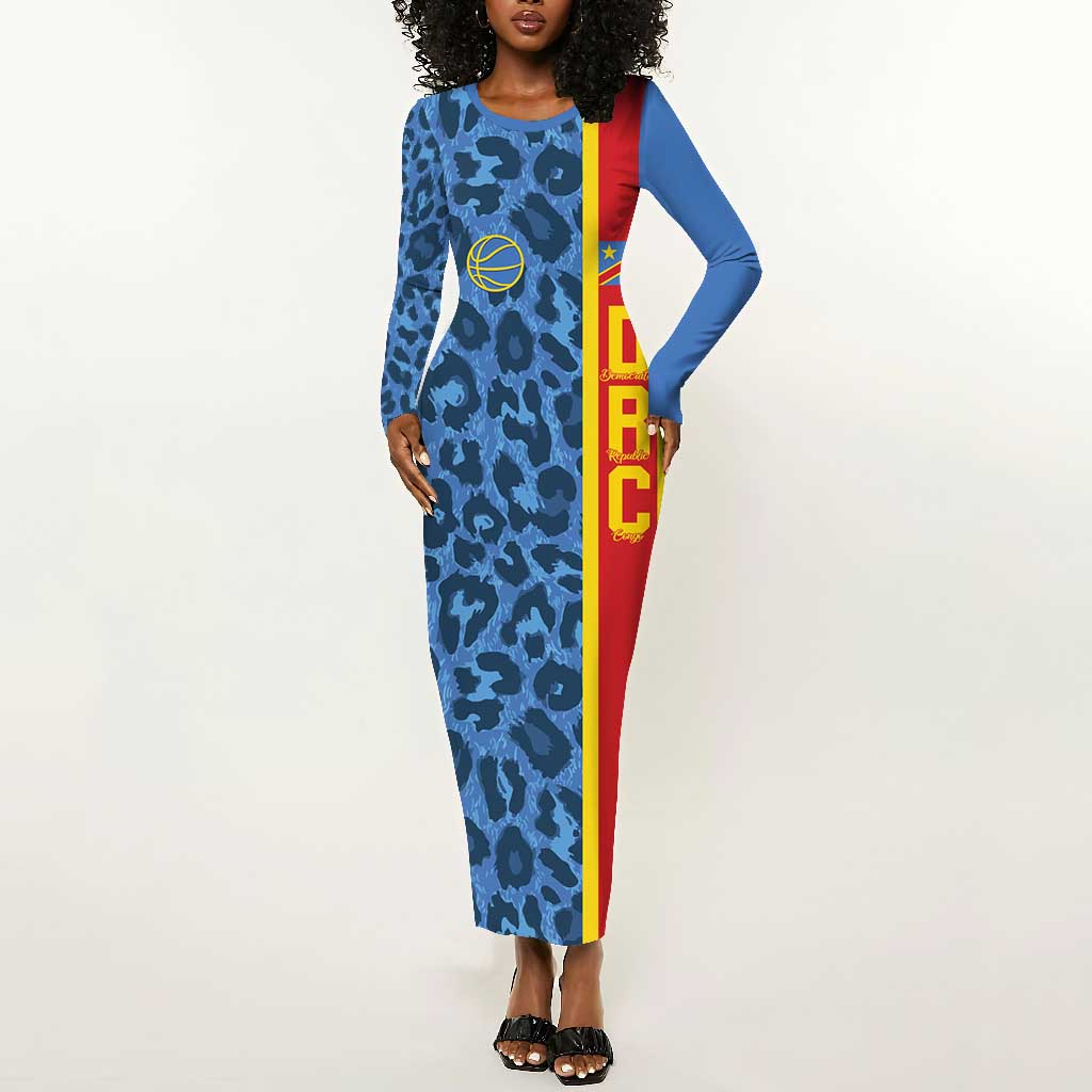 Afro Basketball Custom DR Congo Long Sleeve Bodycon Dress Come On Leopards Skin Pattern - African Pride