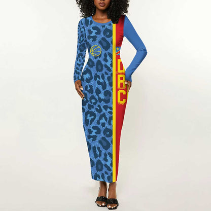 Afro Basketball Custom DR Congo Long Sleeve Bodycon Dress Come On Leopards Skin Pattern - African Pride