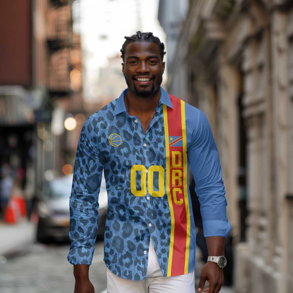 Afro Basketball Custom DR Congo Long Sleeve Button Shirt Come On Leopards Skin Pattern - African Pride