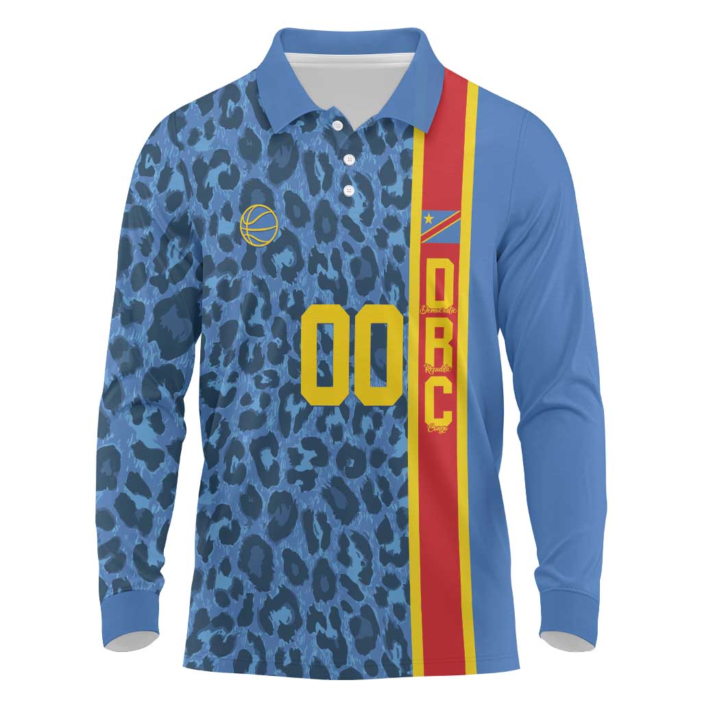 Afro Basketball Custom DR Congo Long Sleeve Polo Shirt Come On Leopards Skin Pattern - African Pride