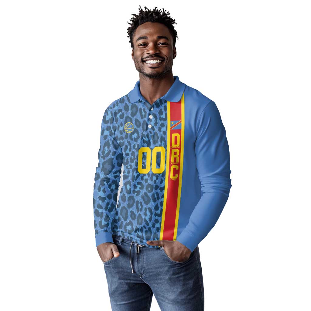 Afro Basketball Custom DR Congo Long Sleeve Polo Shirt Come On Leopards Skin Pattern - African Pride