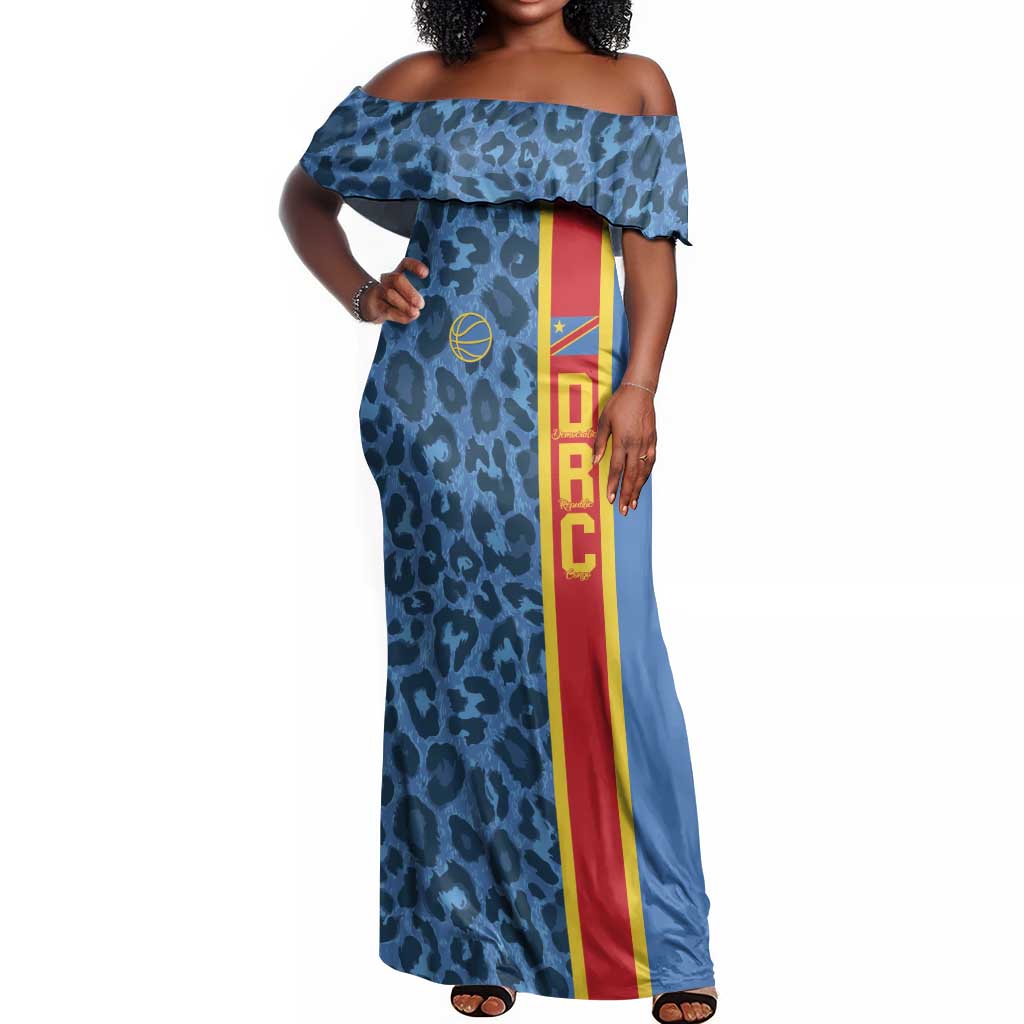 Afro Basketball Custom DR Congo Off Shoulder Maxi Dress Come On Leopards Skin Pattern - African Pride