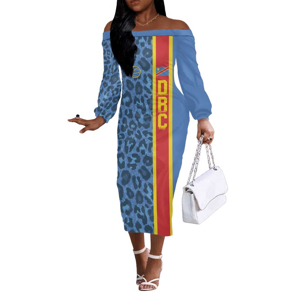 Afro Basketball Custom DR Congo Off The Shoulder Long Sleeve Dress Come On Leopards Skin Pattern - African Pride