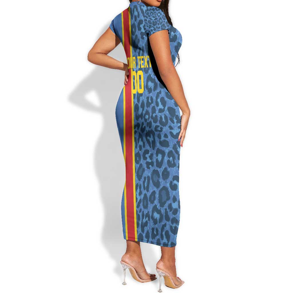 Afro Basketball Custom DR Congo Short Sleeve Bodycon Dress Come On Leopards Skin Pattern - African Pride