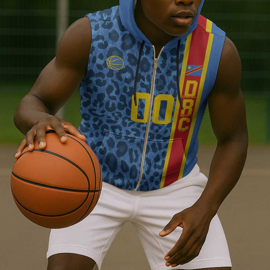 Afro Basketball Custom DR Congo Sleeveless Zip Hoodie Come On Leopards Skin Pattern - African Pride