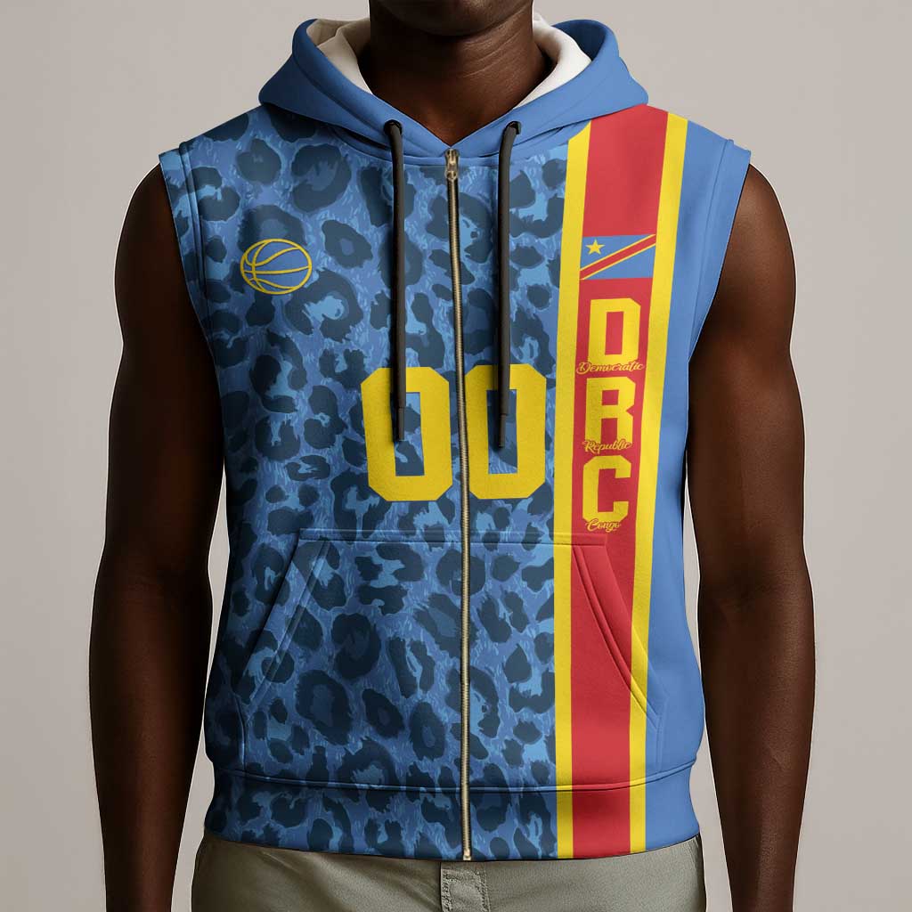 Afro Basketball Custom DR Congo Sleeveless Zip Hoodie Come On Leopards Skin Pattern - African Pride