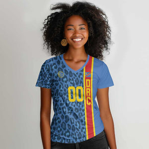 Afro Basketball Custom DR Congo Women V-Neck T-Shirt Come On Leopards Skin Pattern - African Pride
