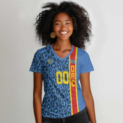 Afro Basketball Custom DR Congo Women V-Neck T-Shirt Come On Leopards Skin Pattern - African Pride