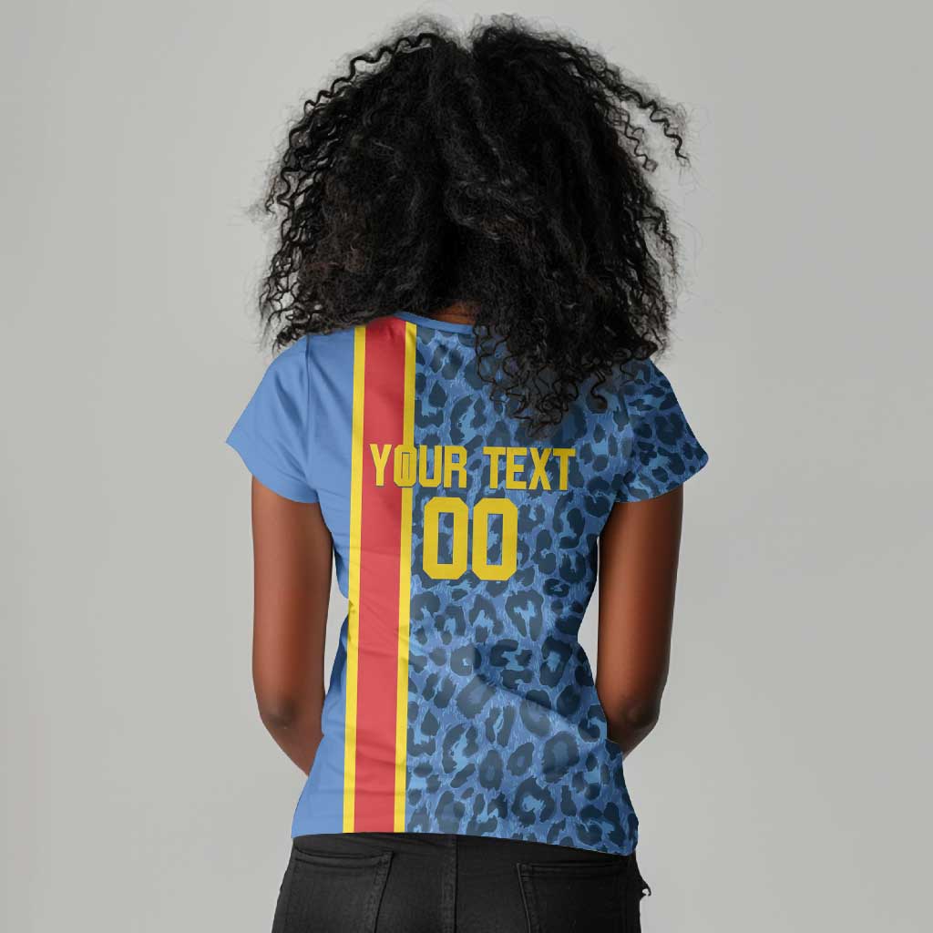 Afro Basketball Custom DR Congo Women V-Neck T-Shirt Come On Leopards Skin Pattern - African Pride