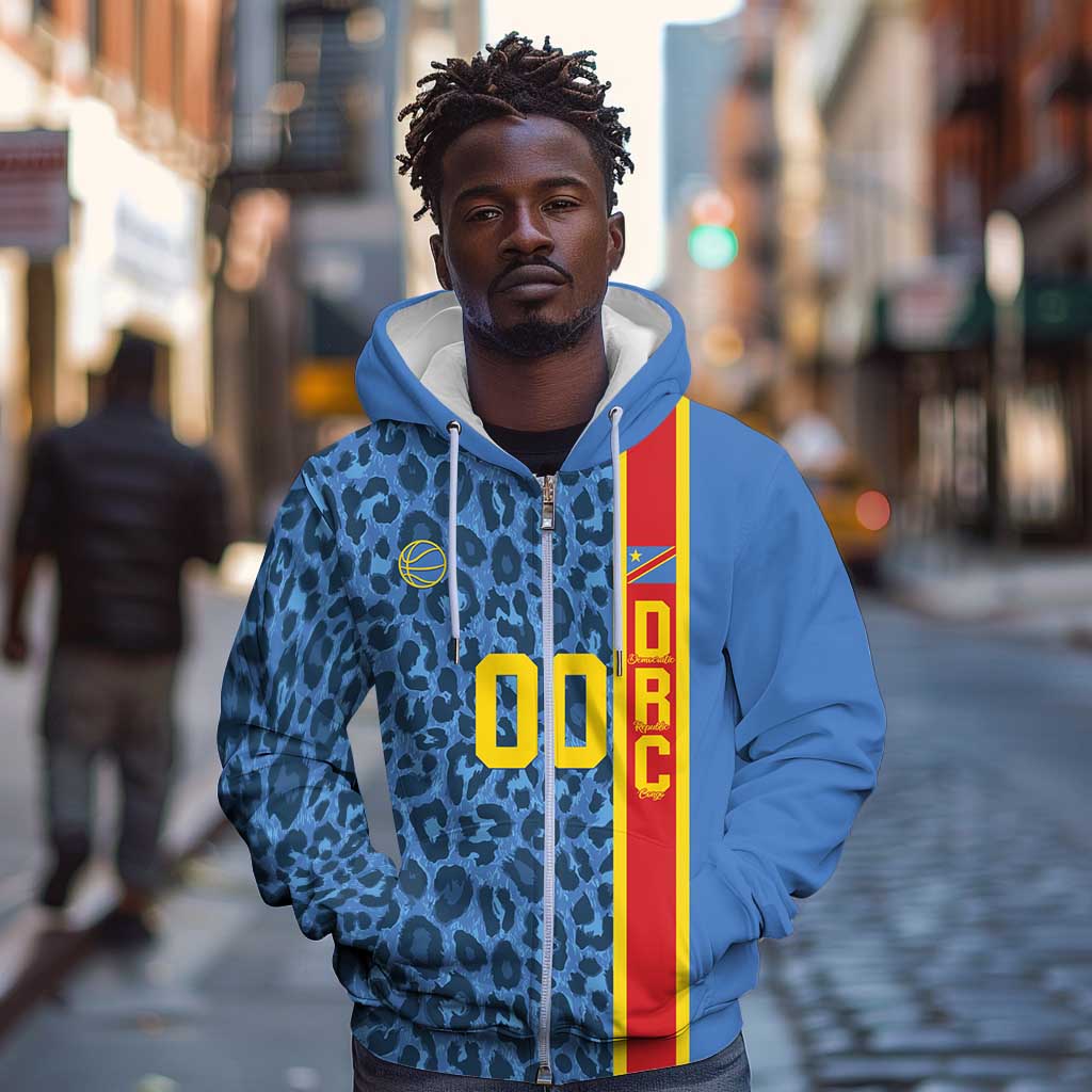 Afro Basketball Custom DR Congo Zip Hoodie Come On Leopards Skin Pattern - African Pride