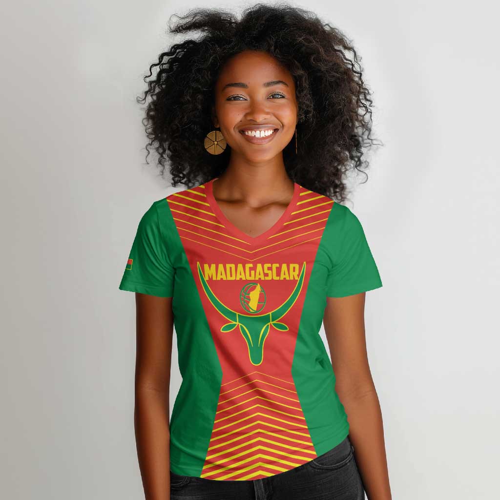 Afro Basketball Custom Madagascar Women V-Neck T-Shirt Come On Angel Manzano - African Pride