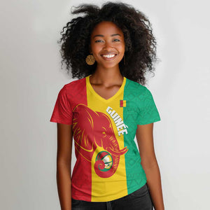 Afro Basketball Custom Guinea Women V-Neck T-Shirt Syli Nationale African Pattern - African Pride