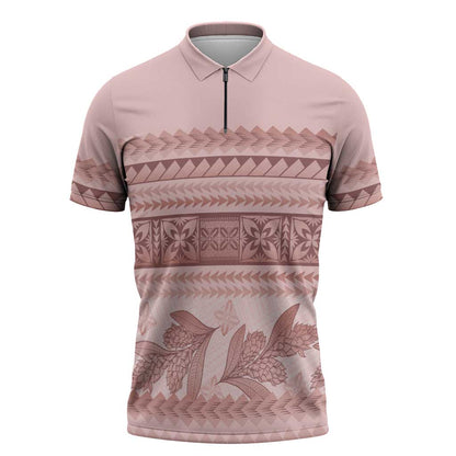 Pastel Pink Samoa Siapo Teuila Flowers Zipper Polo Shirt