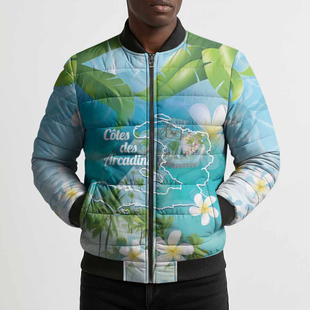 Afro Haiti Cotes des Arcadins Bomber Puffer Jacket Ayiti Map With Royal Palm Plumeria - African Pride