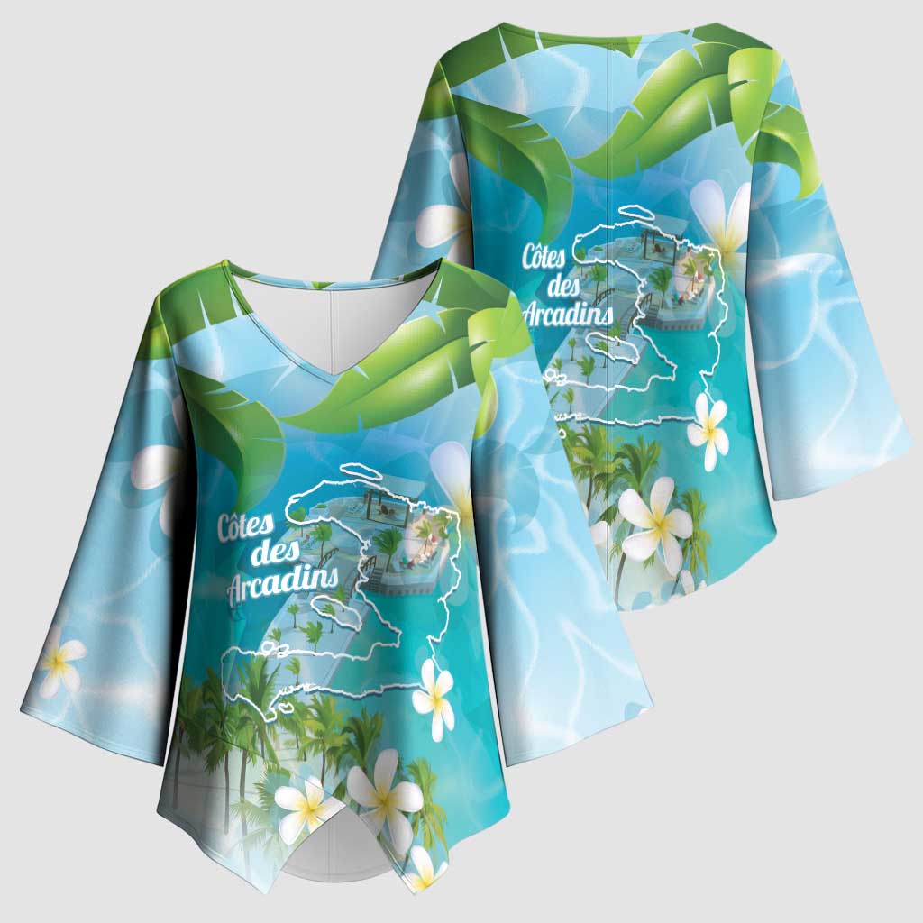 Afro Haiti Cotes des Arcadins Kimono Sleeve Blouse Ayiti Map With Royal Palm Plumeria - African Pride