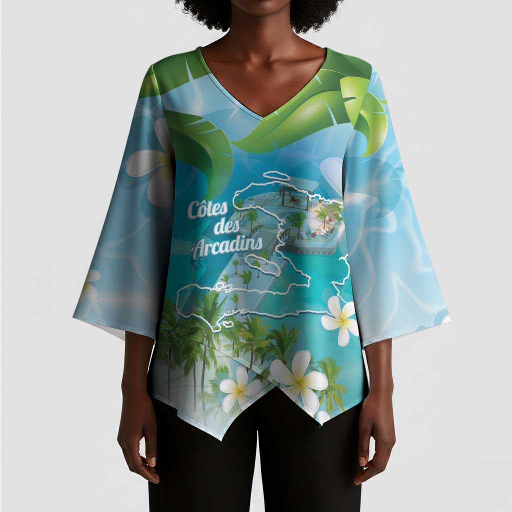 Afro Haiti Cotes des Arcadins Kimono Sleeve Blouse Ayiti Map With Royal Palm Plumeria - African Pride