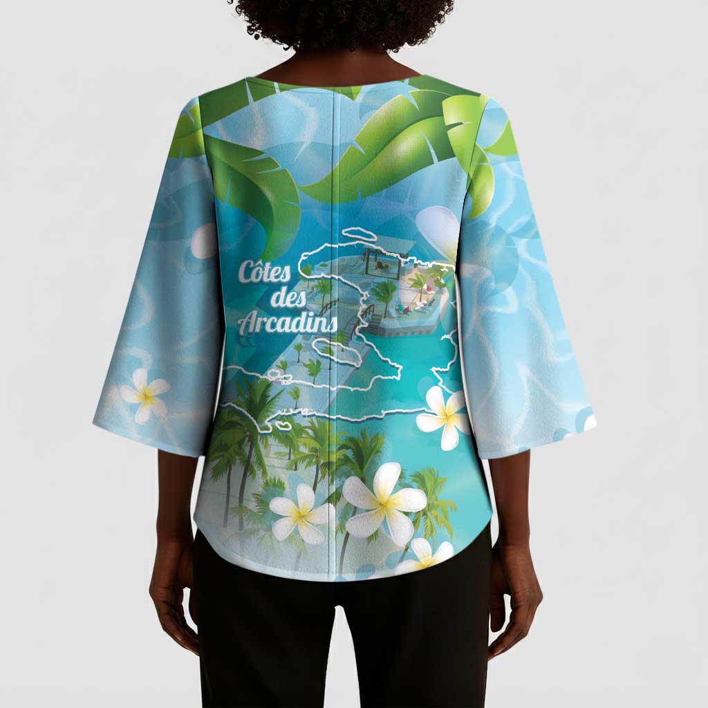 Afro Haiti Cotes des Arcadins Kimono Sleeve Blouse Ayiti Map With Royal Palm Plumeria - African Pride