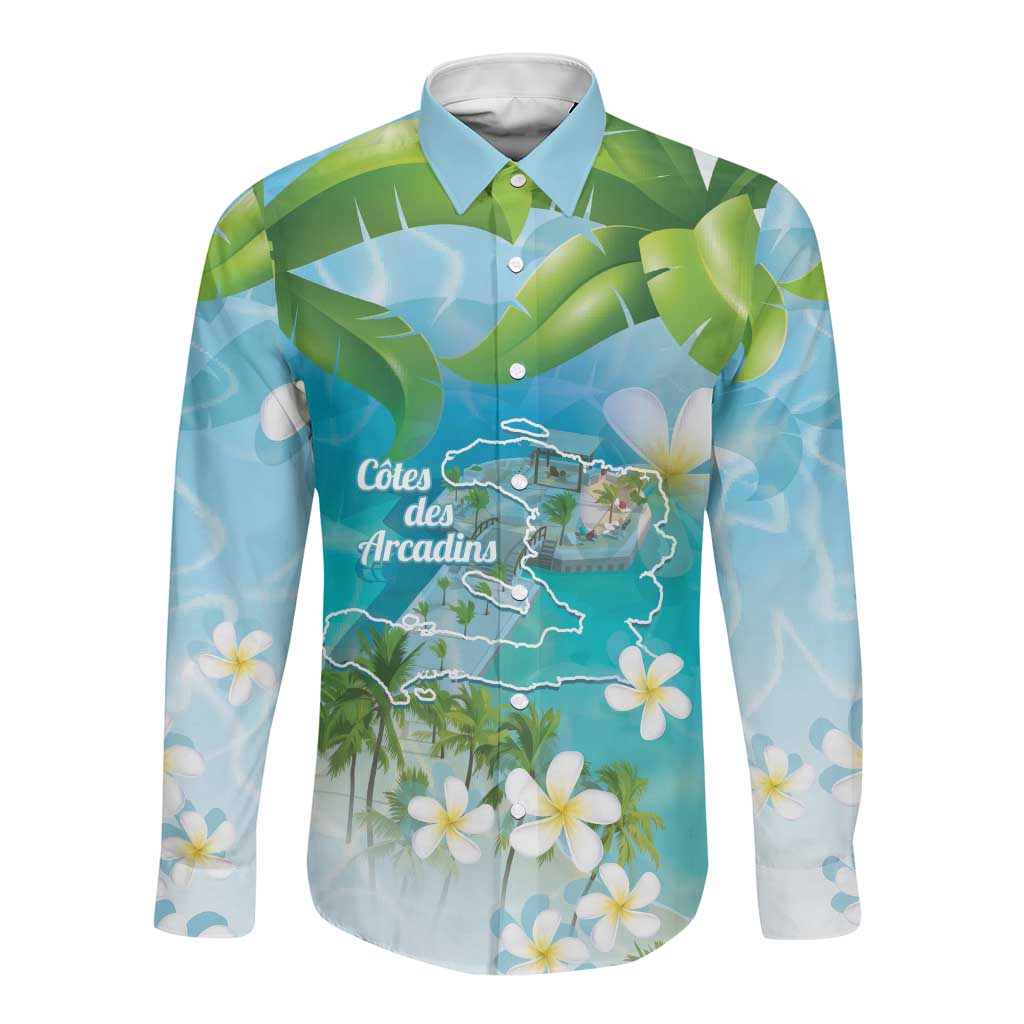 Afro Haiti Cotes des Arcadins Long Sleeve Button Shirt Ayiti Map With Royal Palm Plumeria - African Pride