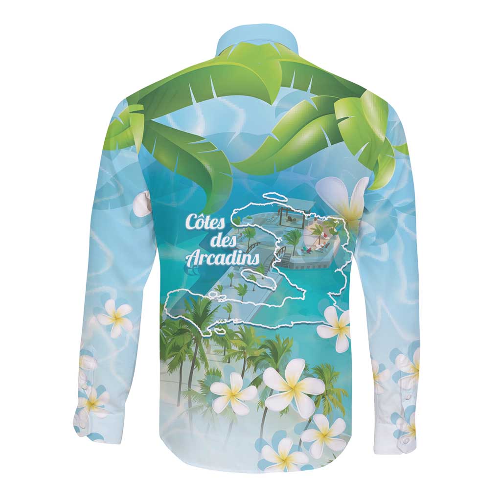 Afro Haiti Cotes des Arcadins Long Sleeve Button Shirt Ayiti Map With Royal Palm Plumeria - African Pride