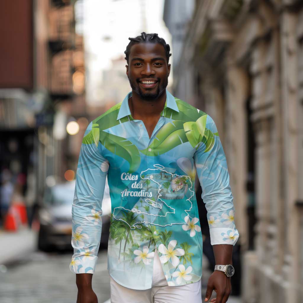 Afro Haiti Cotes des Arcadins Long Sleeve Button Shirt Ayiti Map With Royal Palm Plumeria - African Pride