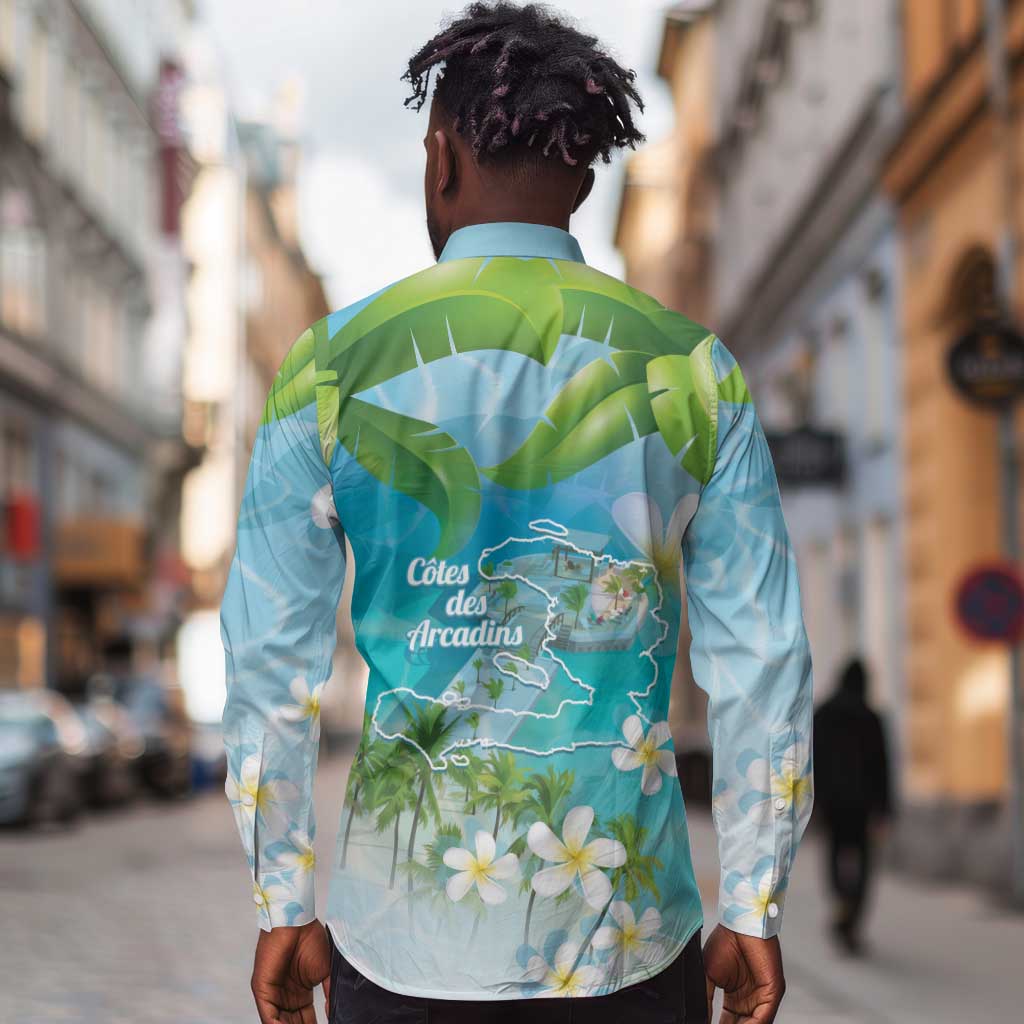 Afro Haiti Cotes des Arcadins Long Sleeve Button Shirt Ayiti Map With Royal Palm Plumeria - African Pride