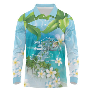 Afro Haiti Cotes des Arcadins Long Sleeve Polo Shirt Ayiti Map With Royal Palm Plumeria - African Pride