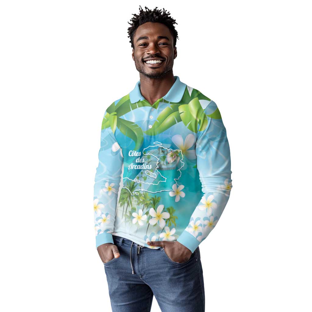 Afro Haiti Cotes des Arcadins Long Sleeve Polo Shirt Ayiti Map With Royal Palm Plumeria - African Pride