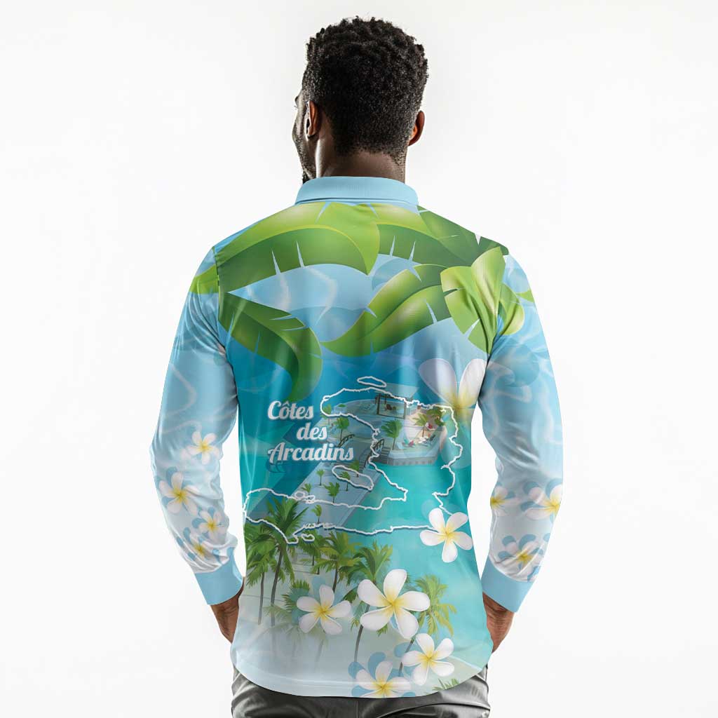 Afro Haiti Cotes des Arcadins Long Sleeve Polo Shirt Ayiti Map With Royal Palm Plumeria - African Pride