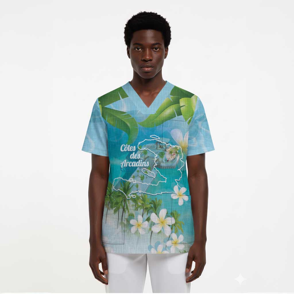 Afro Haiti Cotes des Arcadins Scrub Top Ayiti Map With Royal Palm Plumeria - African Pride