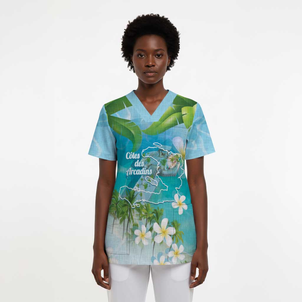 Afro Haiti Cotes des Arcadins Scrub Top Ayiti Map With Royal Palm Plumeria - African Pride