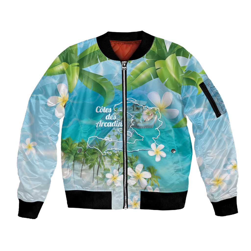 Afro Haiti Cotes des Arcadins Sleeve Zip Bomber Jacket Ayiti Map With Royal Palm Plumeria - African Pride
