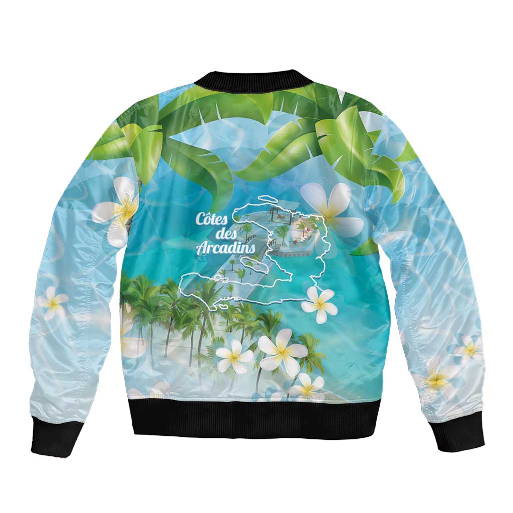 Afro Haiti Cotes des Arcadins Sleeve Zip Bomber Jacket Ayiti Map With Royal Palm Plumeria - African Pride