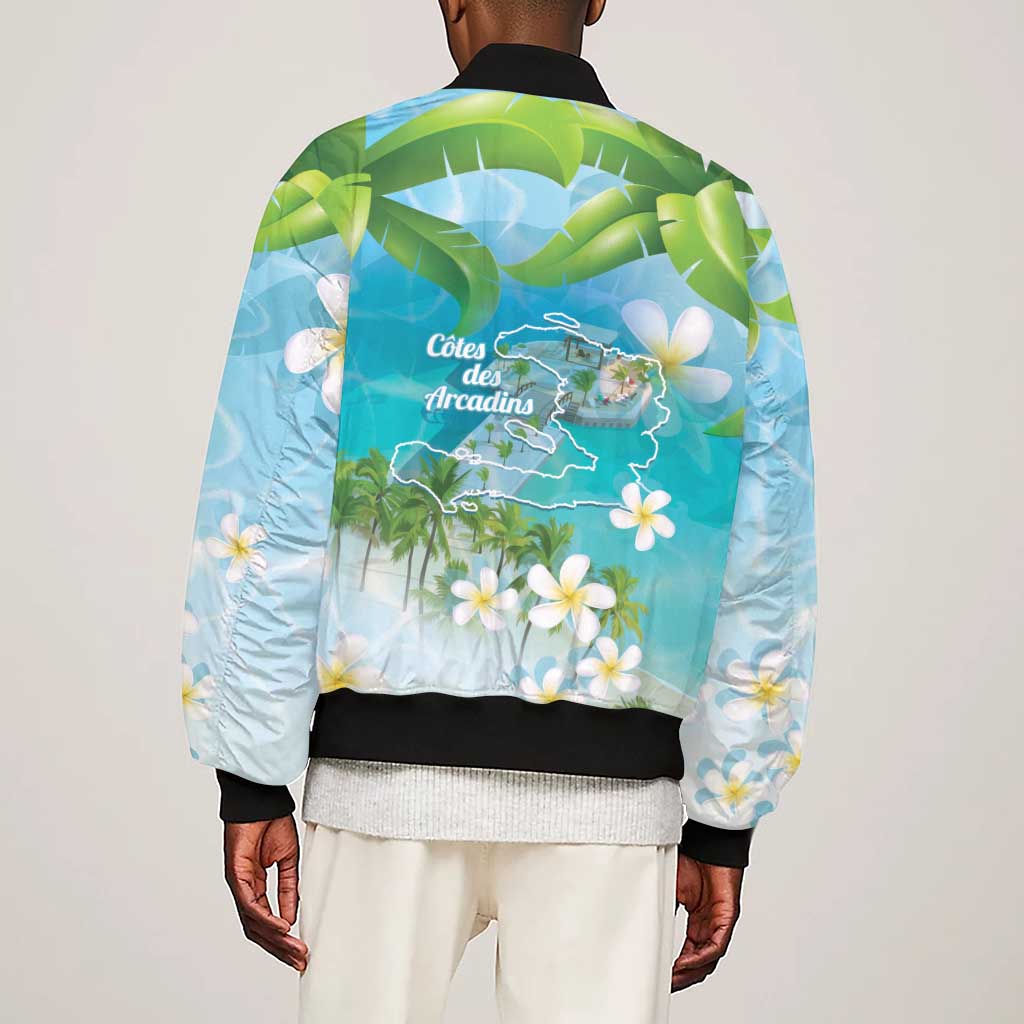 Afro Haiti Cotes des Arcadins Sleeve Zip Bomber Jacket Ayiti Map With Royal Palm Plumeria - African Pride
