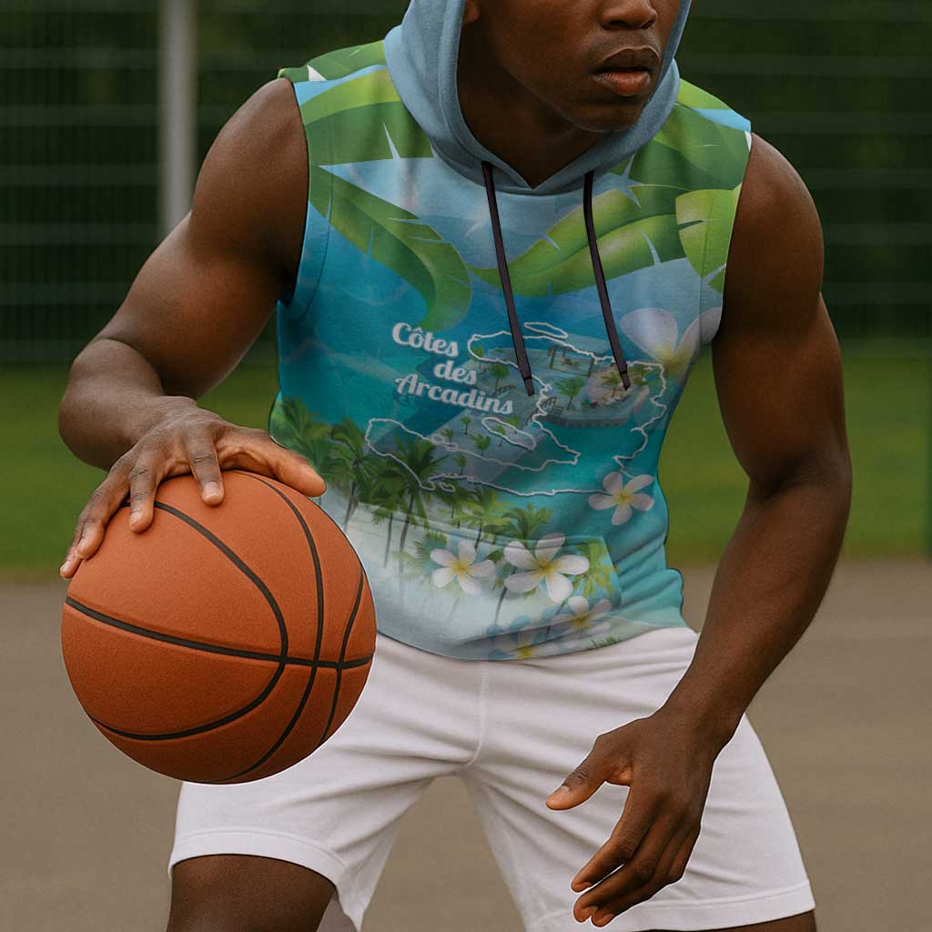 Afro Haiti Cotes des Arcadins Sleeveless Hoodie Ayiti Map With Royal Palm Plumeria - African Pride