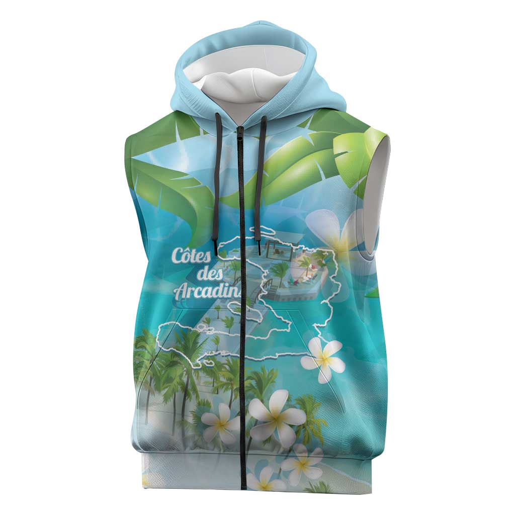 Afro Haiti Cotes des Arcadins Sleeveless Zip Hoodie Ayiti Map With Royal Palm Plumeria - African Pride