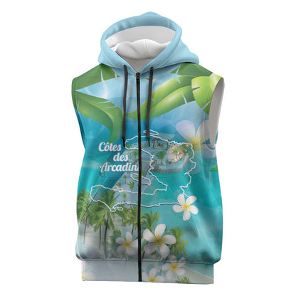 Afro Haiti Cotes des Arcadins Sleeveless Zip Hoodie Ayiti Map With Royal Palm Plumeria - African Pride
