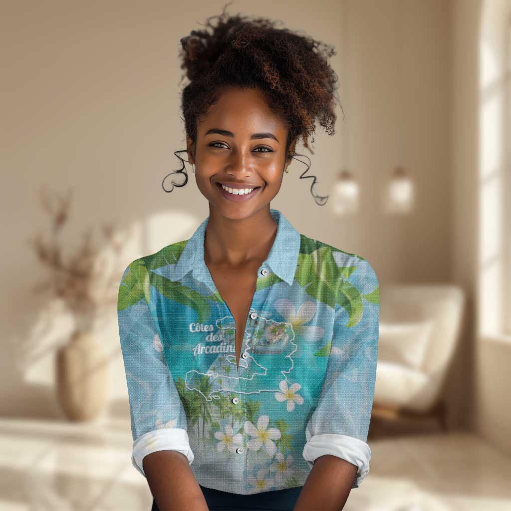 Afro Haiti Cotes des Arcadins Women Casual Shirt Ayiti Map With Royal Palm Plumeria - African Pride