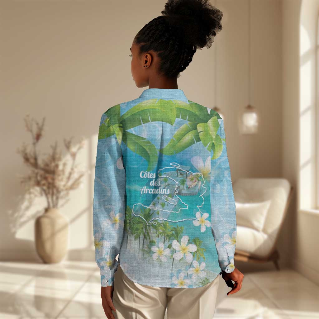 Afro Haiti Cotes des Arcadins Women Casual Shirt Ayiti Map With Royal Palm Plumeria - African Pride