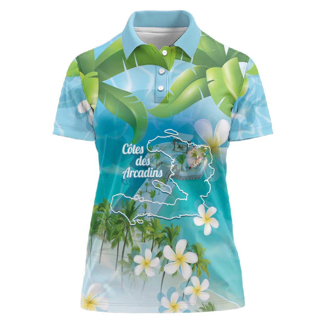 Afro Haiti Cotes des Arcadins Women Polo Shirt Ayiti Map With Royal Palm Plumeria - African Pride