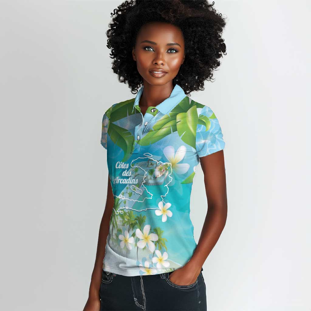 Afro Haiti Cotes des Arcadins Women Polo Shirt Ayiti Map With Royal Palm Plumeria - African Pride